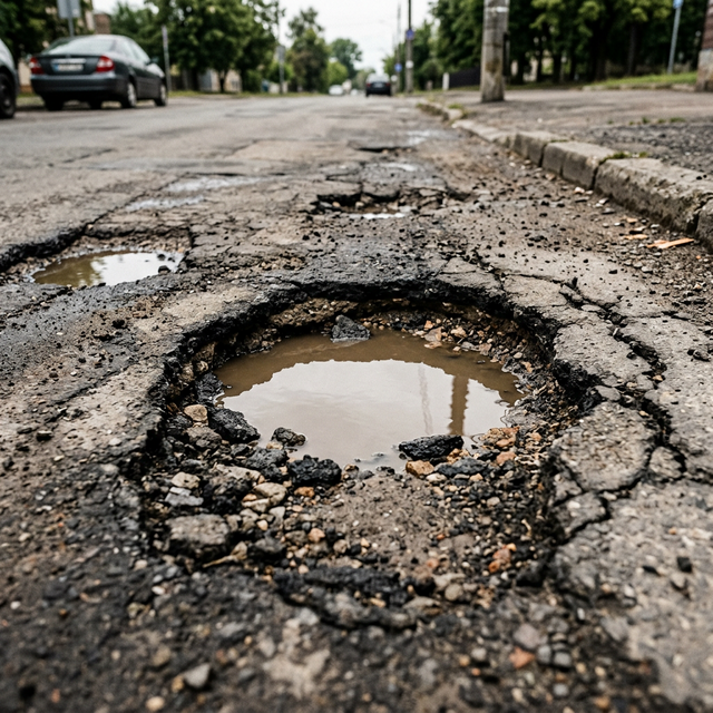 Road pothole before repair treatment