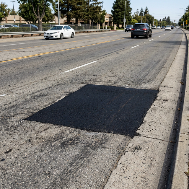 Completed pothole repair on road surface
